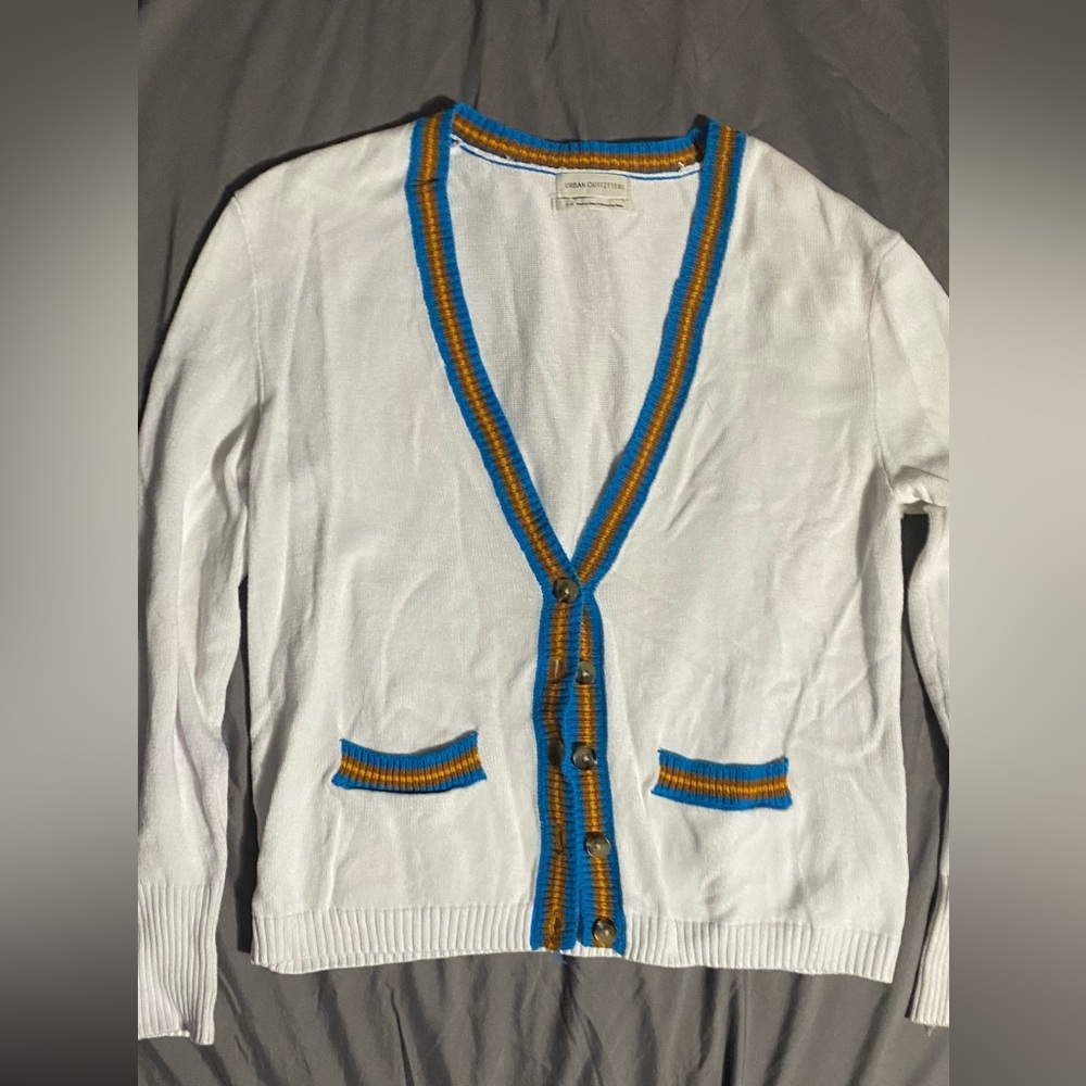 Urban Outfitters White Cardigan with Blue and Gold Trim